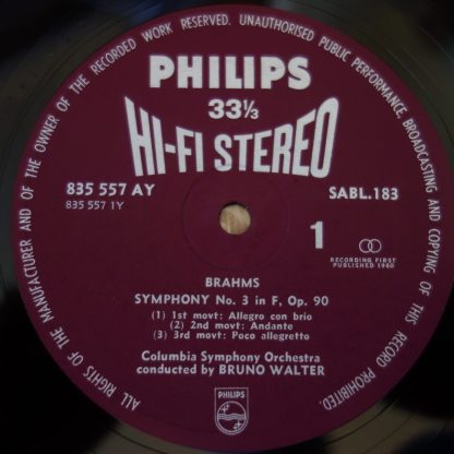 SABL 183 Brahms Symphony No. 3 / Walter Hi-Fi Stereo