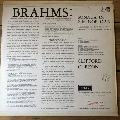 SXL 6041 Brahms Piano Sonata in F minor etc. / Curzon W/B