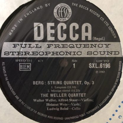 SXL 6196 Berg / Shostakovich String Quartets / The Weller Quartet W/B